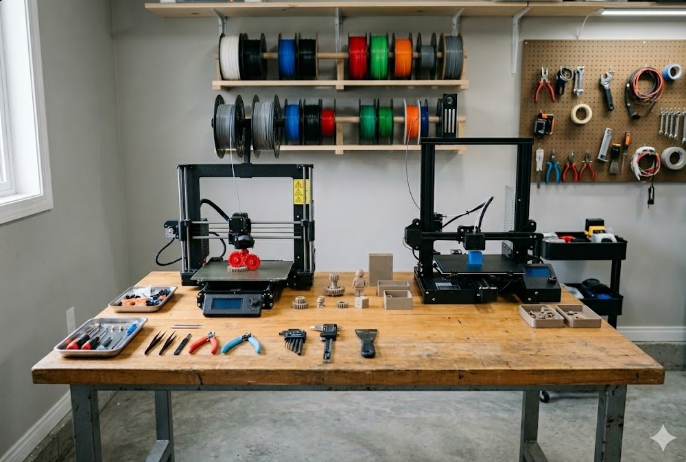 3D Creations & Innovations workshop — production floor with active print beds